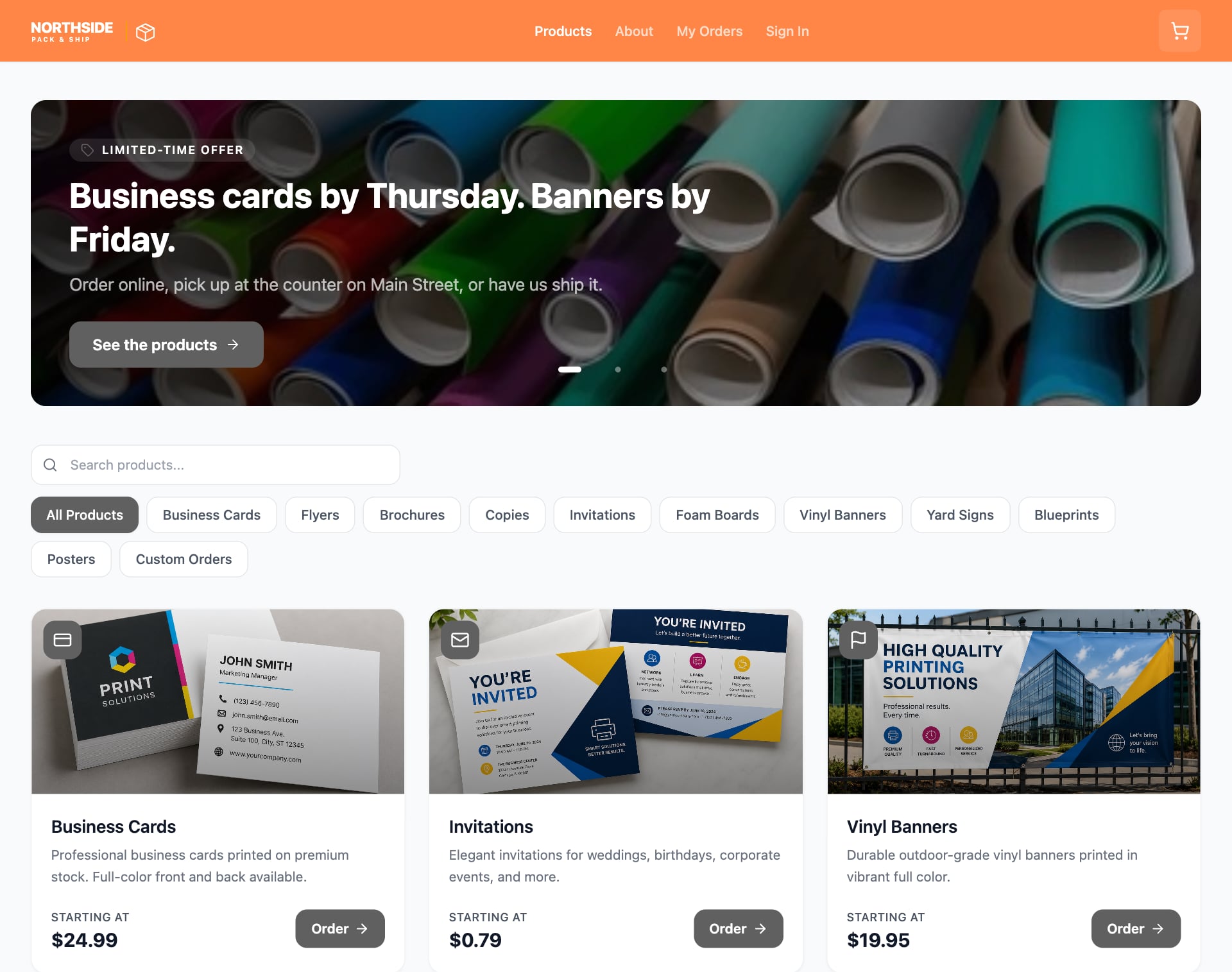Northside Pack & Ship, the demo store on FlowPrinter: the store's own logo in a warm brown header, a promo banner reading "Business cards by Thursday. Banners by Friday.", product search, category filters and product cards for business cards, invitations and vinyl banners.